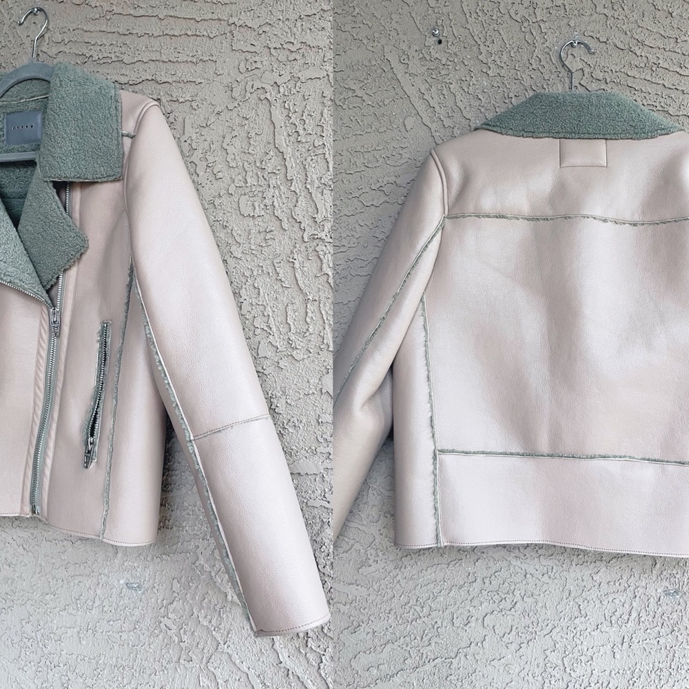 BLANK NYC NWOT Blush Pale Pink Sherpa Bonded Faux Leather Biker Moto Jacket - Picture 8 of 9